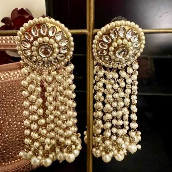 FARWAH ALI KUNDAN PAKISTANI INDIAN PEARL GOLD BRIDAL LARGE EARRINGS - Picture 3 of 5